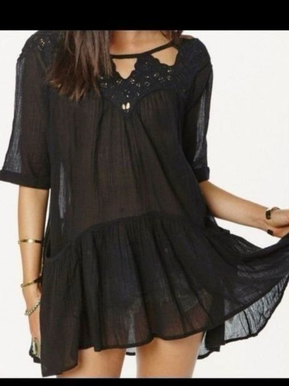 Free People black gauze mini baby oversized doll dress XS